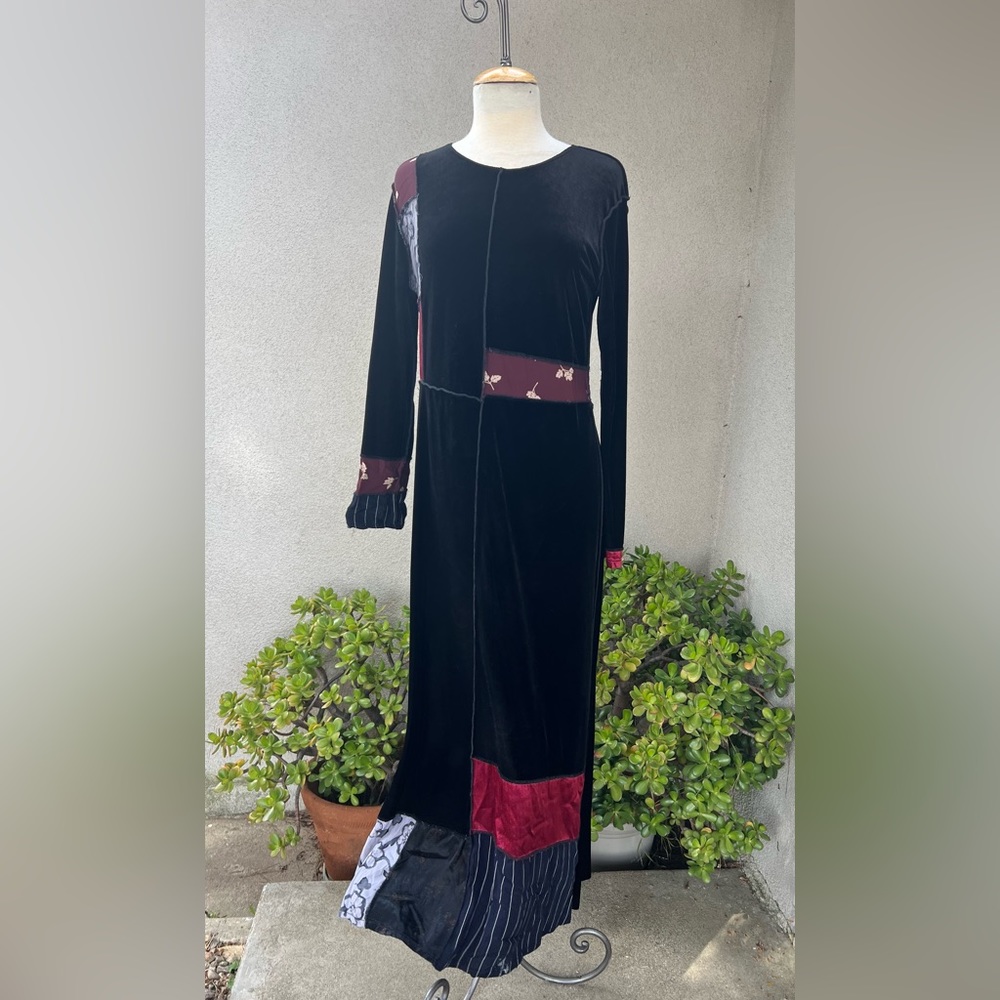 Vintage boho black velveteen long dress patchwork Sm Something Old Something New